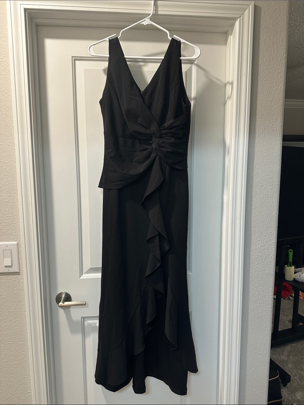 Black Sleeveless V-Neck Ruffle Front Evening Dress